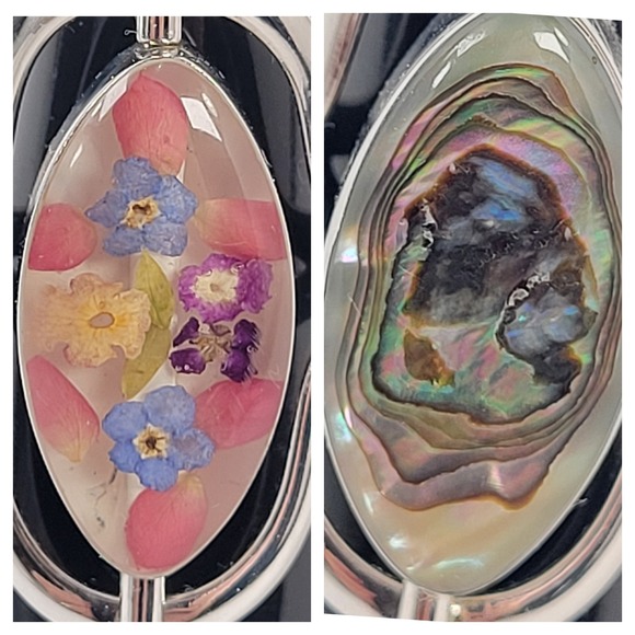Mexico AK Jewelry - Vintage Mexico 925 Ring Sterling Silver Spinner Abalone &‎ Floral Resin Sz 11.25